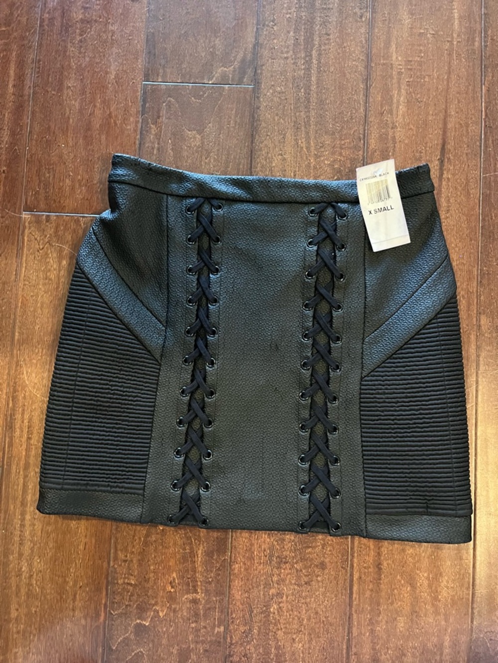 cameo Black Lace-Up Faux Leather Mini Skirt